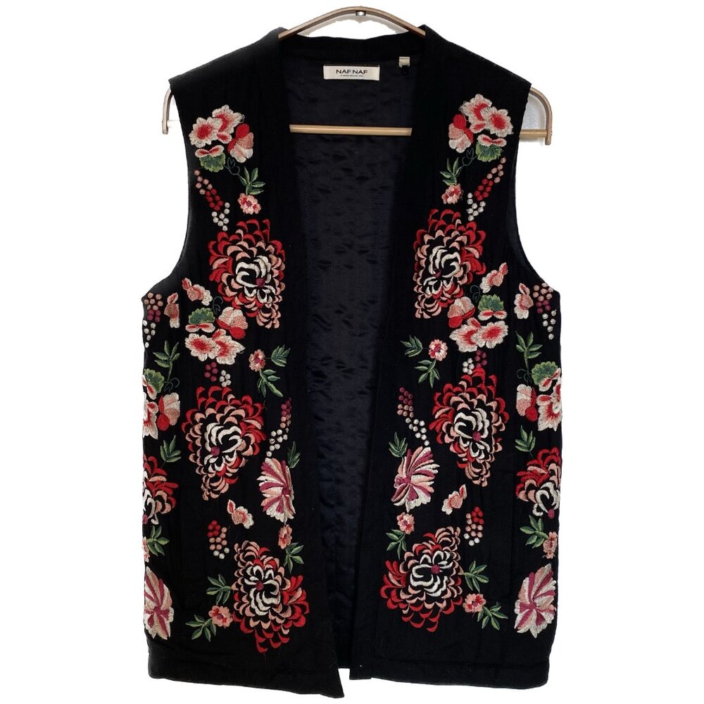 NAF NAF Vest Women Small Black Red Embroidered Floral Quilted Bohemian Eclectic